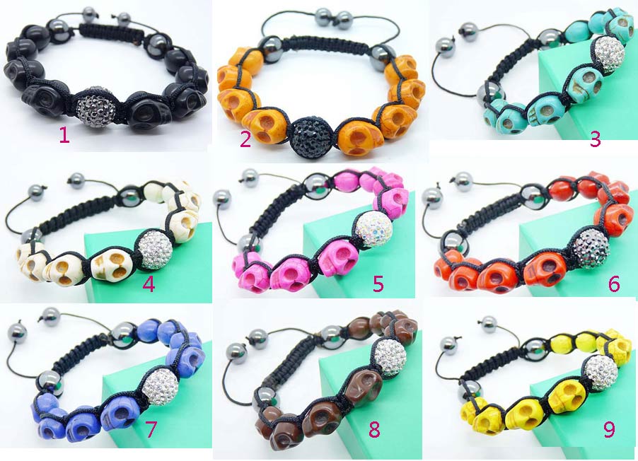 Shamballa Skull Bracelets (Sold in per package of 12pcs,assorted colors)