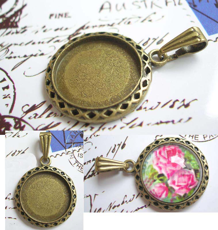 Bronze Lace Circle Photo Jewelry Pendant Blank (15MM inside,sold in per package of 60pcs)