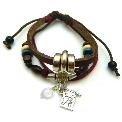 Leather Skull Flag Bracelet With 5MM Glass Vials (Sold in per package of 12pcs)