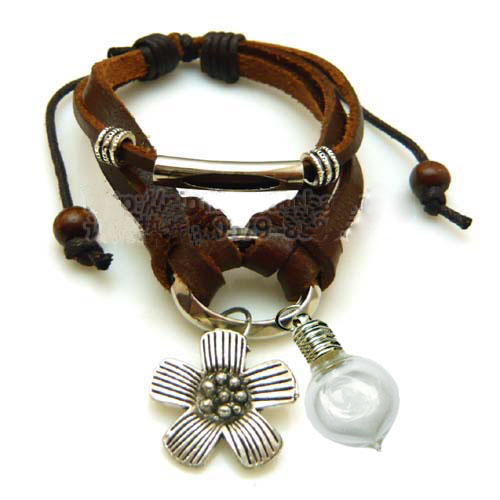 Leather Flower Bracelet With 5MM Glass Vials (Sold in per package of 12pcs)