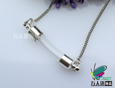 Glass vial rice necklace(6MM curve vials,preglued silver-plated screw caps)