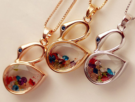 23x13MM Colorful Crystal Swan Wishing Drift Bottle Necklaces 