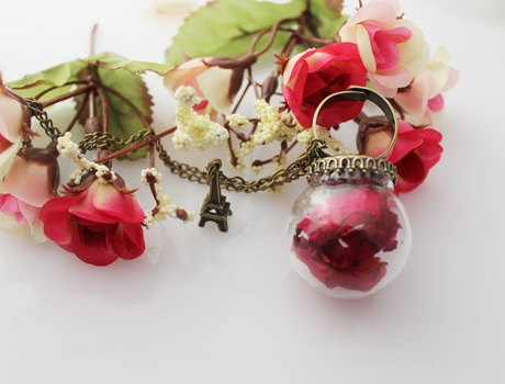 30MM Real Rose Petal Glass Globe Ring Necklace