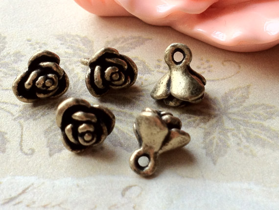 8 mm Antique Bronze Silver Rose Flower Charm Drop Pendant