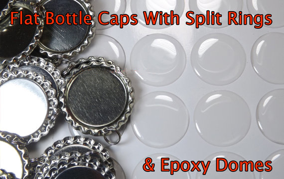 Bottle cap pendants with split rings attached and epoxy sticker