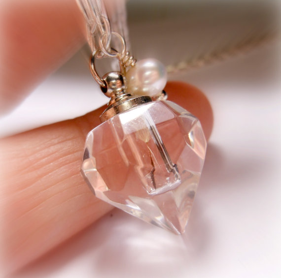 Crystal Faceted Perfume Bottle Necklace with Dandelion seed inside