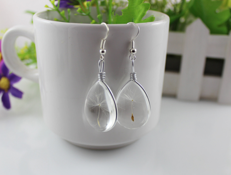 25X18MM Glass Tear Drop Dandelion Seeds earrings