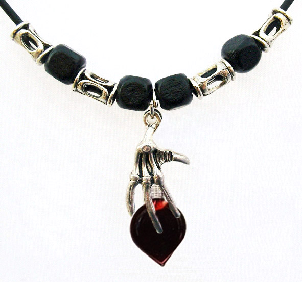 Blood Vial Heart Necklace with Skeleton Hand