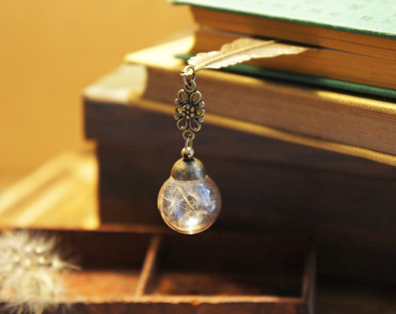 Feather bookmark with dandelion in glass orb