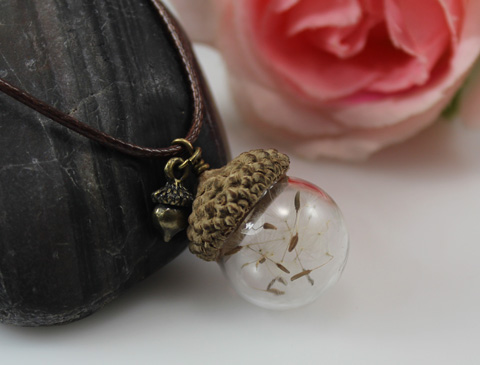 18/20/25MM Glass Ball Acorn Necklace with Dandelion Real Seed