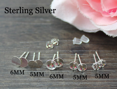  925 Sterling Silver Stud Ear Posts with Pad/Bowl/Flower and Ear Nuts