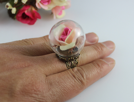 25/30MM Clear Glass Globe Shaped Bottle Antique Brass Adjustable Ring