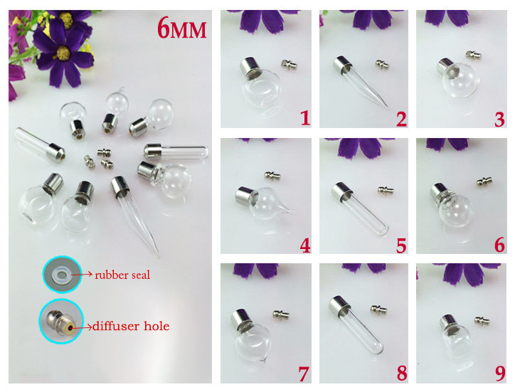 6MM Essential oil bottle pendant With Diffuser Hole(Preglued nickel-plated screw caps)